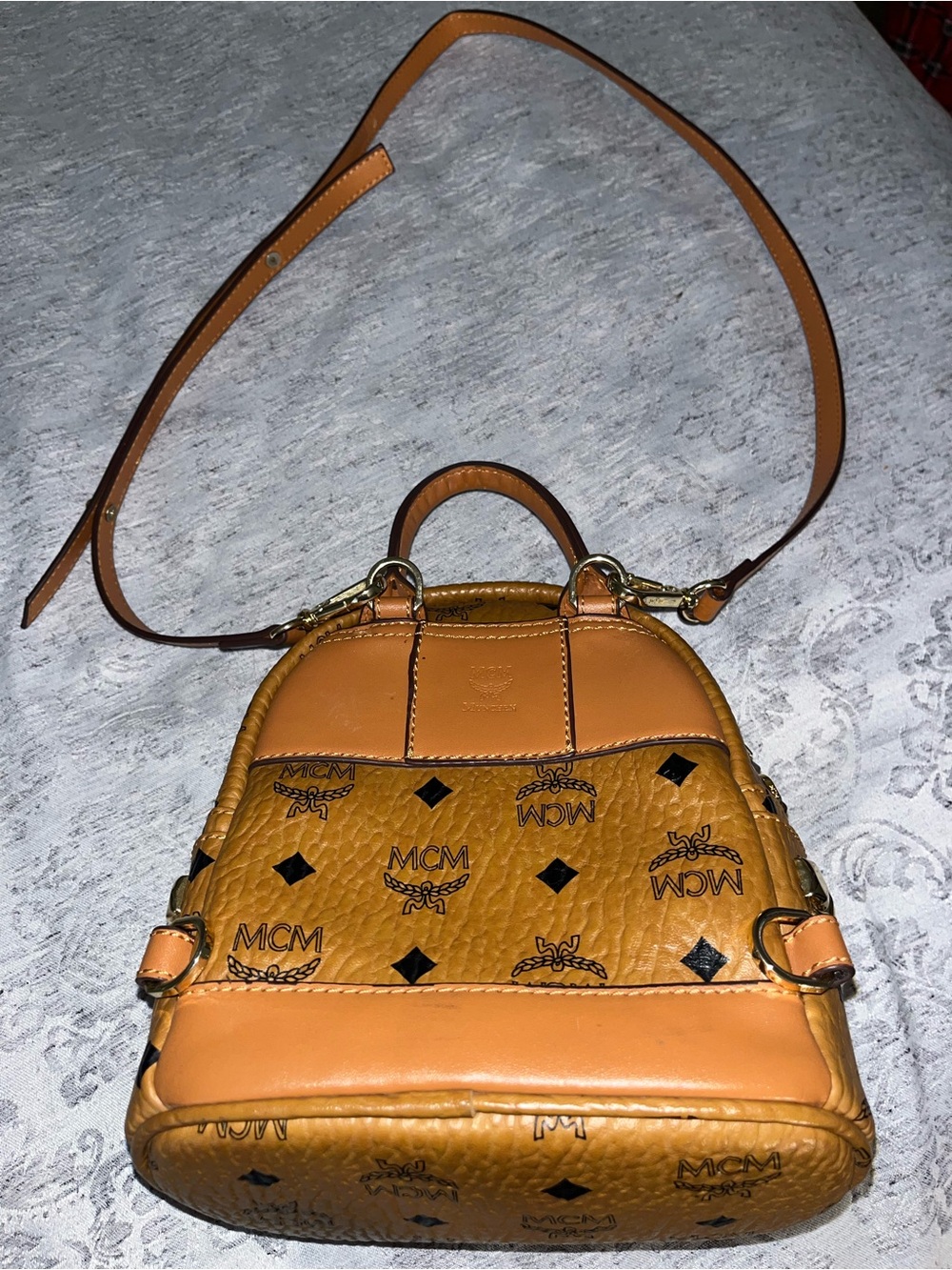 MCM Cognac Logo Mini Backpack Crossbody Bag - Picture 7 of 13